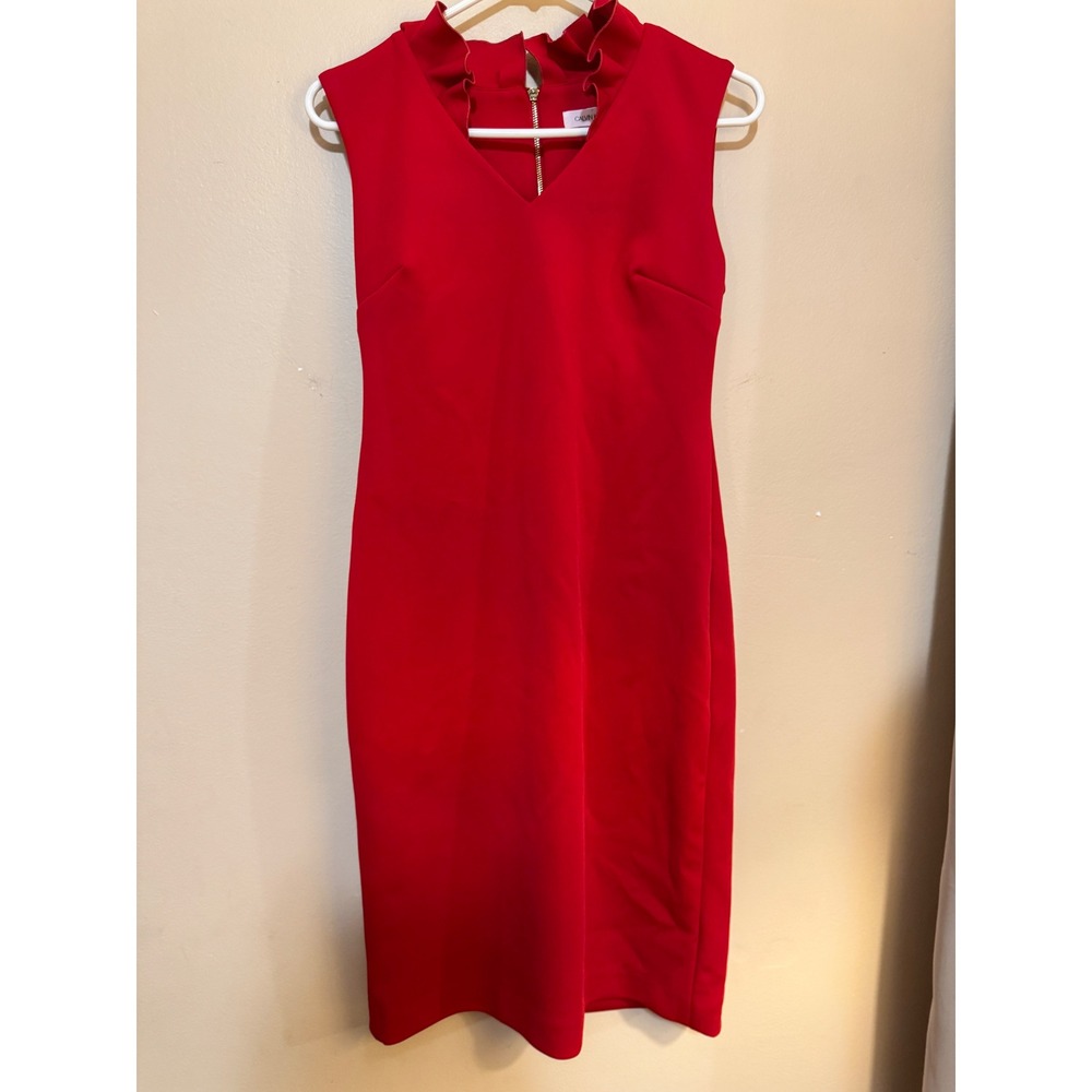 Calvin Klein Womens Red Ruffle Neck V-Cutout Sleeveless Sheath Dress Size 4